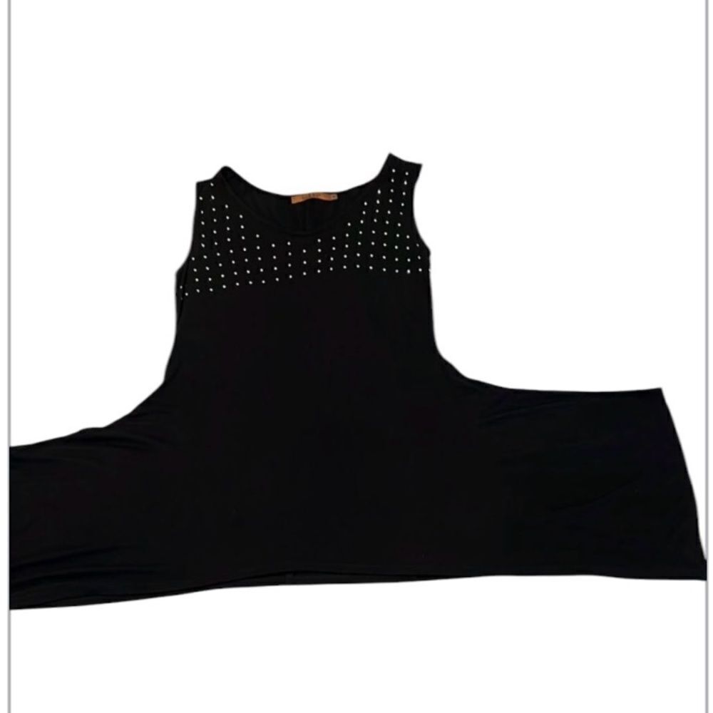 Bellini size S black tunic with silver embellishments drapey shark bit hem EUC